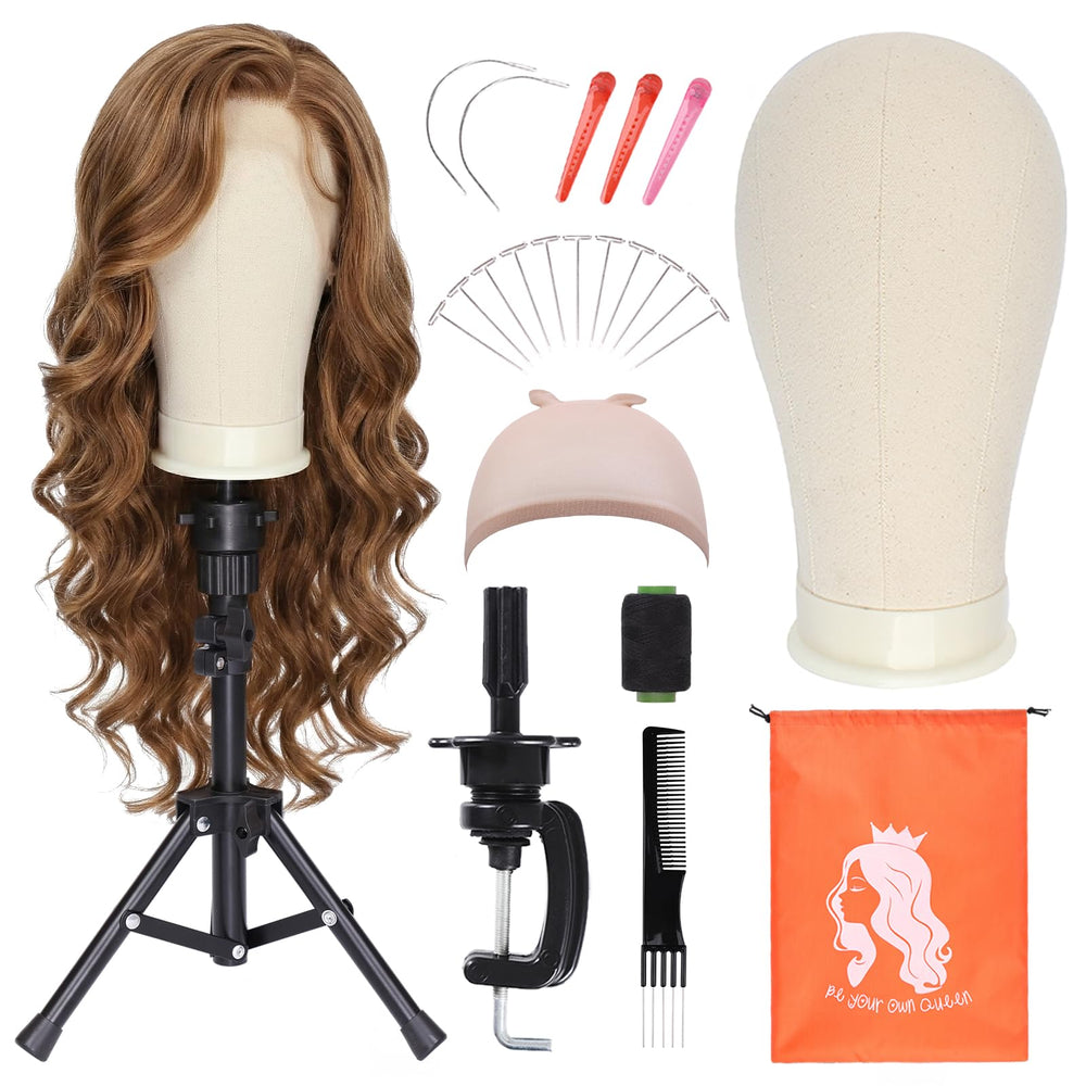 PWEOUKE canvas wig head front view showing stable pin-holding surface and fit