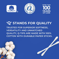 Hand holding Q-tips case to show scale and portable convenience benefit