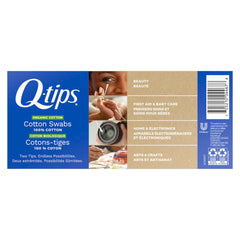 Q-tips organic cotton closeup of soft tip, brand highlighting gentle absorbency