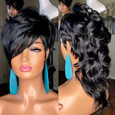 QiaQiaRing front view of mullet pixie showing natural black style and versatile look
