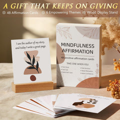 Qinline positive affirmation cards on wooden stand offering daily encouragement and ritual