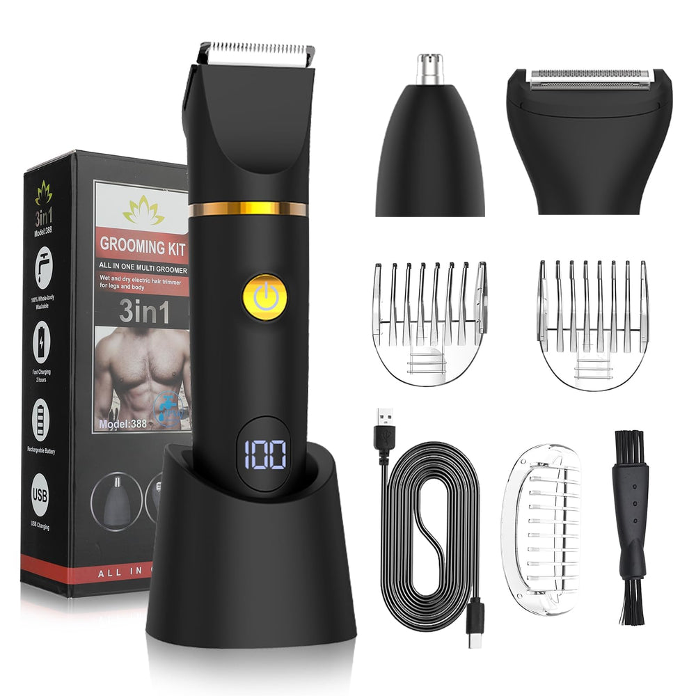 QREEX front view of trimmer showing ergonomic grip and interchangeable heads for precise grooming