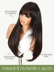 Quantum Love bangs detail framing face for a flattering, youthful look