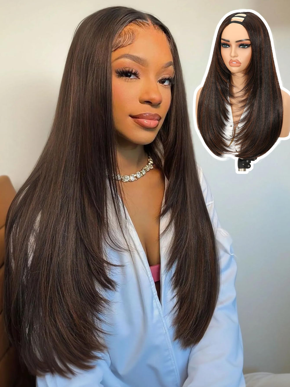 Quantum Love front view of packaged layered U-part wig showing product and label benefits