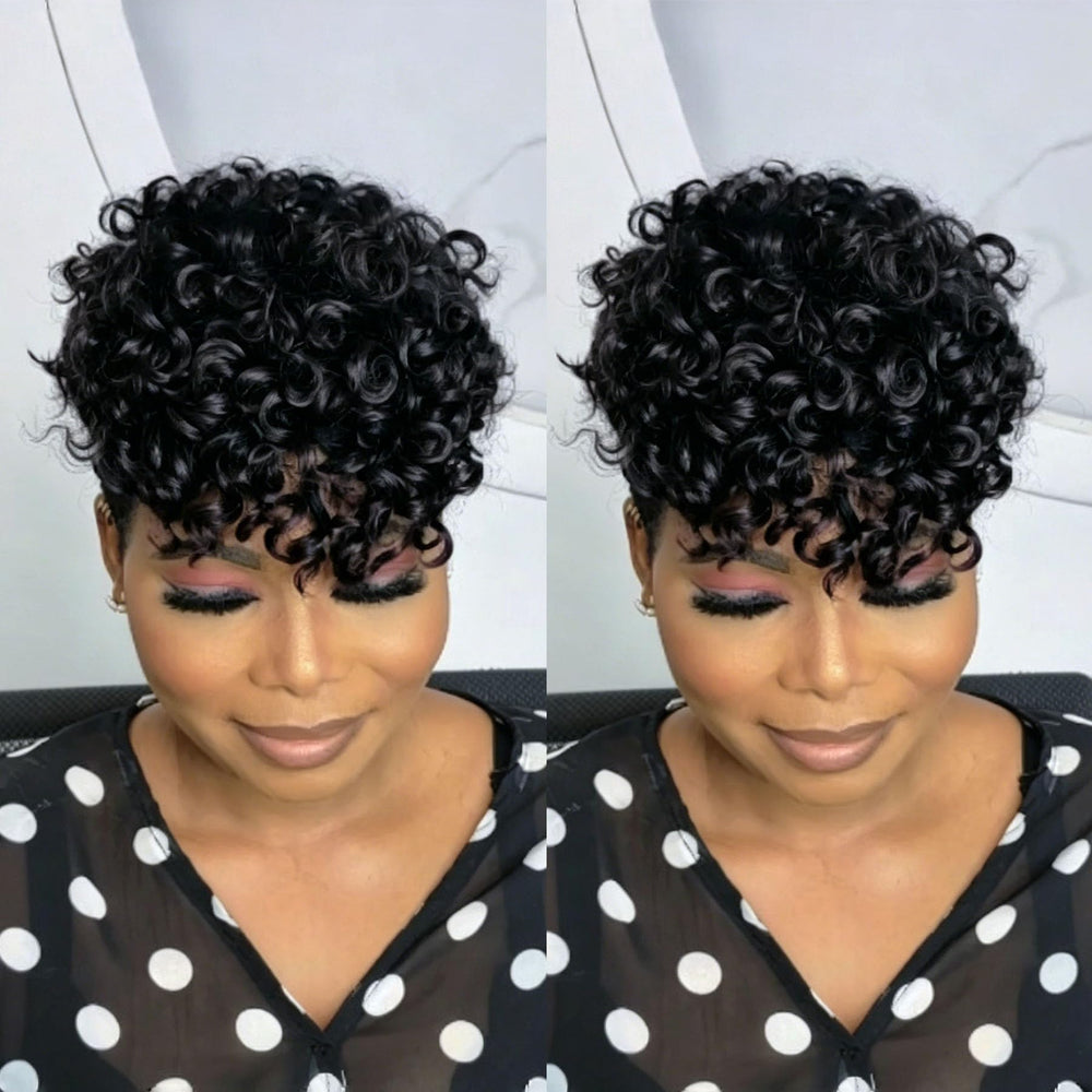 Quazirpu front view short curly pixie topper showing natural silhouette and instant style