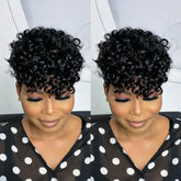 Quazirpu front view short curly pixie topper showing natural silhouette and instant style