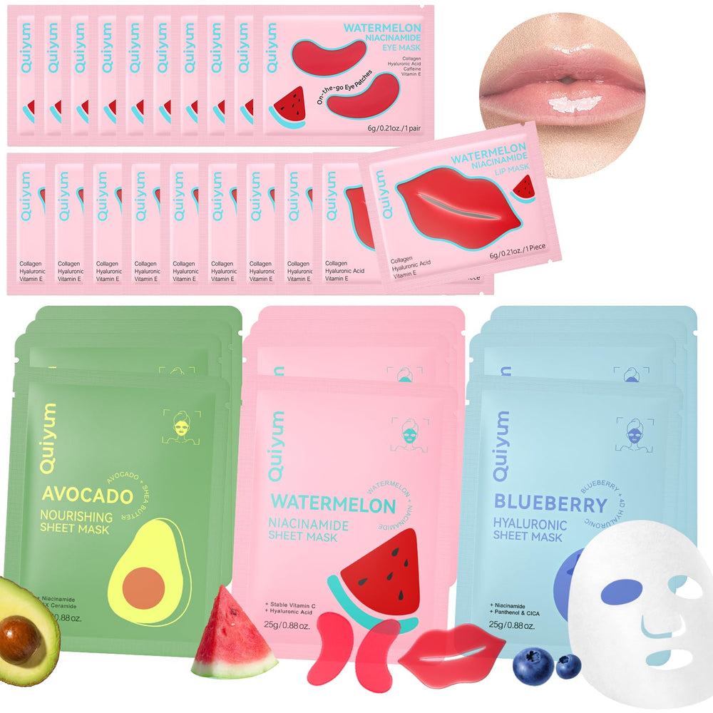 QUIYUM front packaging showing full 32-piece fruit mask kit and easy gifting