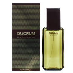 Quorum by Antonio Puig front bottle showing label and glass, conveys classic masculine style