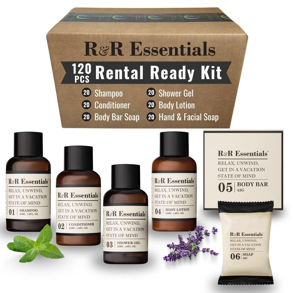 R&R Essentials front packaging showing full kit and guest-ready presentation benefit
