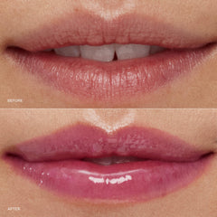 r.e.m. beauty lip swatch on model showing sheer tint and luminous shine