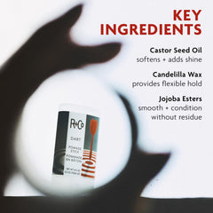 R+Co Dart close-up wax sheen demonstrating conditioned shine and flexible hold benefit