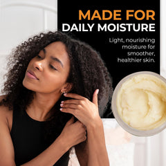 RA COSMETICS scooping shea butter with hands demonstrating easy application benefit