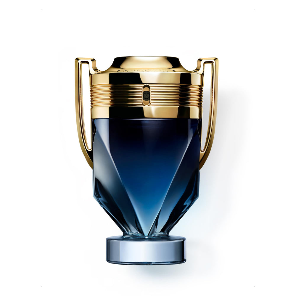 Rabanne Invictus Parfum front bottle view showing deep blue trophy design and confident style
