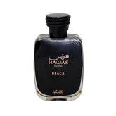 Rasasi Hawas Black front bottle showing sleek design and bold presence