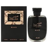 Rasasi Hawas Black front bottle showing sleek design and confident style