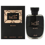 Rasasi Hawas Black front bottle showing sleek design and confident style