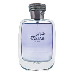 Rasasi Hawas bottle front showing elegant grey glass and label, conveys refined presence