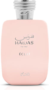 Rasasi Hawas Eclat front bottle image showing elegant glass and rose-gold cap for gifting