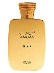 Rasasi Hawas Elixir front bottle showing elegant packaging and instant fragrance appeal