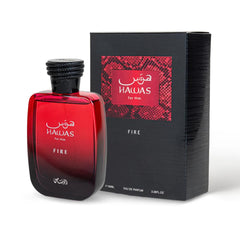RASASI Hawas Fire spray action mist illustrating easy application and controlled sillage
