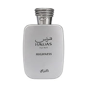 Rasasi Hawas Highness front bottle view showing elegant label and size
