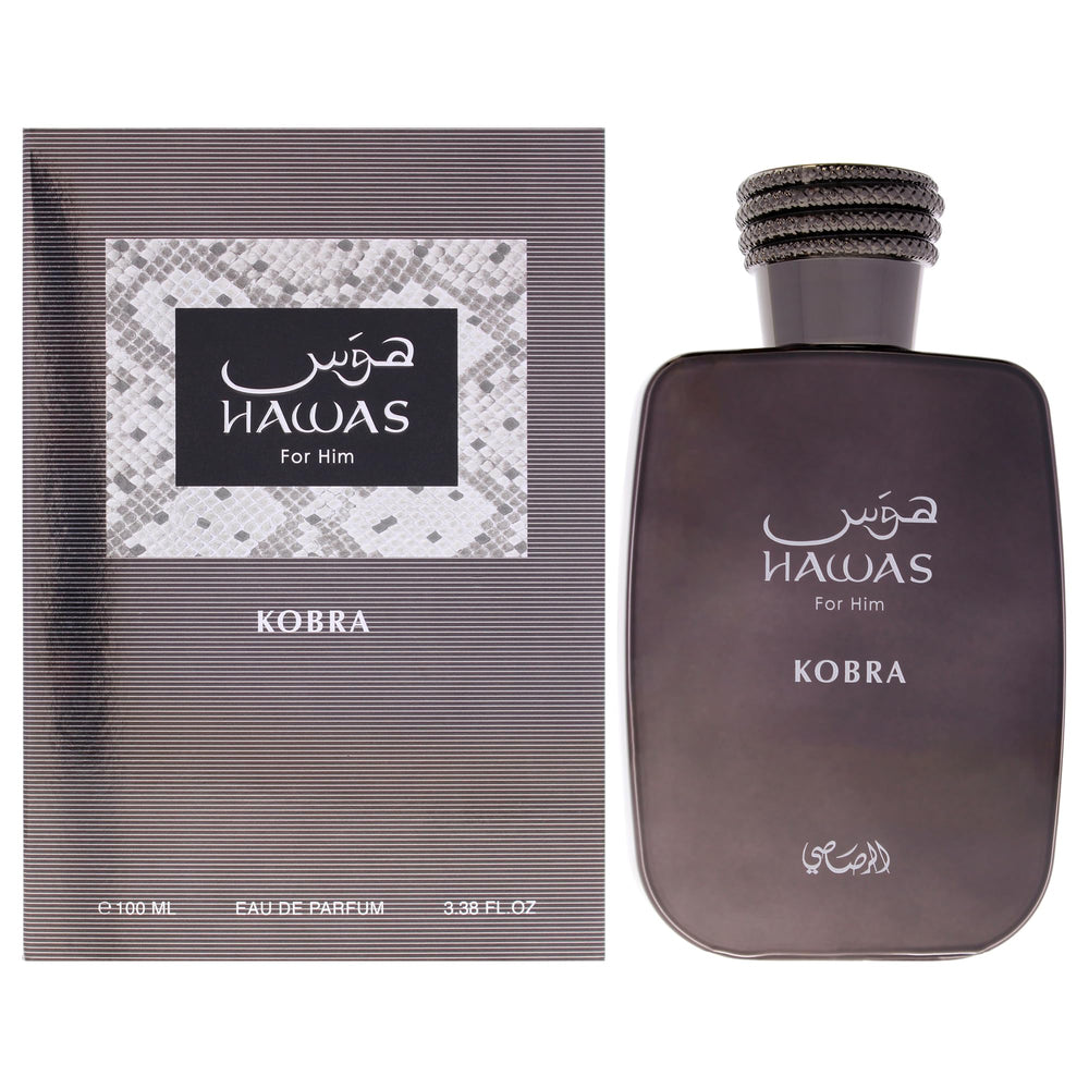 RASASI Hawas Kobra front bottle showing sleek design and bold amber hue for confidence