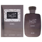 RASASI Hawas Kobra front bottle showing sleek design and bold amber hue for confidence