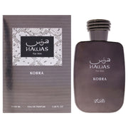 RASASI Hawas Kobra front bottle showing sleek design and bold amber hue for confidence
