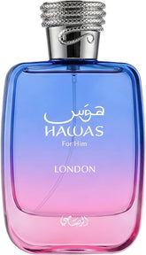 RASASI Hawas London front bottle view showing sleek packaging and confident presentation