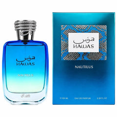 Rasasi Hawas Nautilus bottle in hand demonstrating the 3.38 oz portable convenience