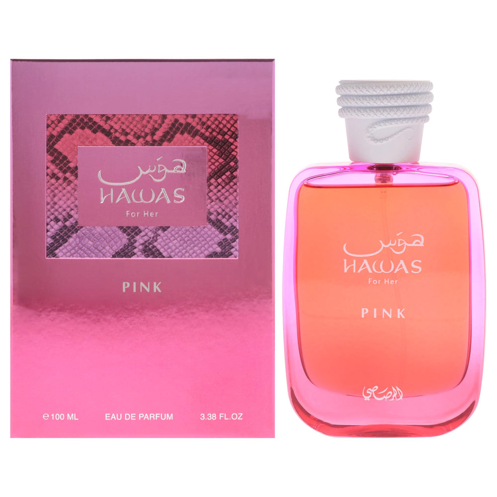 RASASI Hawas Pink front bottle showing elegant design and instant freshness