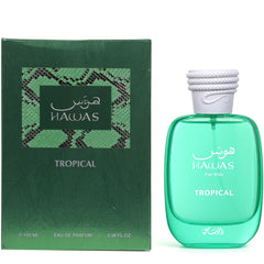 Rasasi Hawas Tropical close-up of coconut and fig notes, highlights natural fresh ingredients