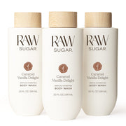 RAW SUGAR front packaging showing bottle and caramel vanilla scent benefit