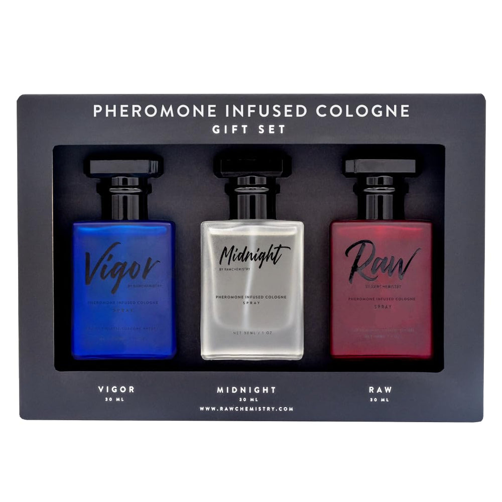 RawChemistry front packaging showing the three cologne bottles with clear labeling and gift-ready appeal
