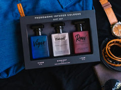RawChemistry three bottles arranged showing Rugged Raw, Smooth Midnight, and Vigor for easy selection