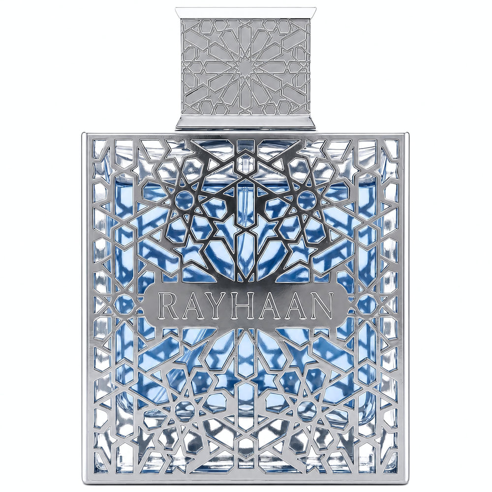 RAYHAAN bottle front view showing clear glass and label, presenting premium freshness