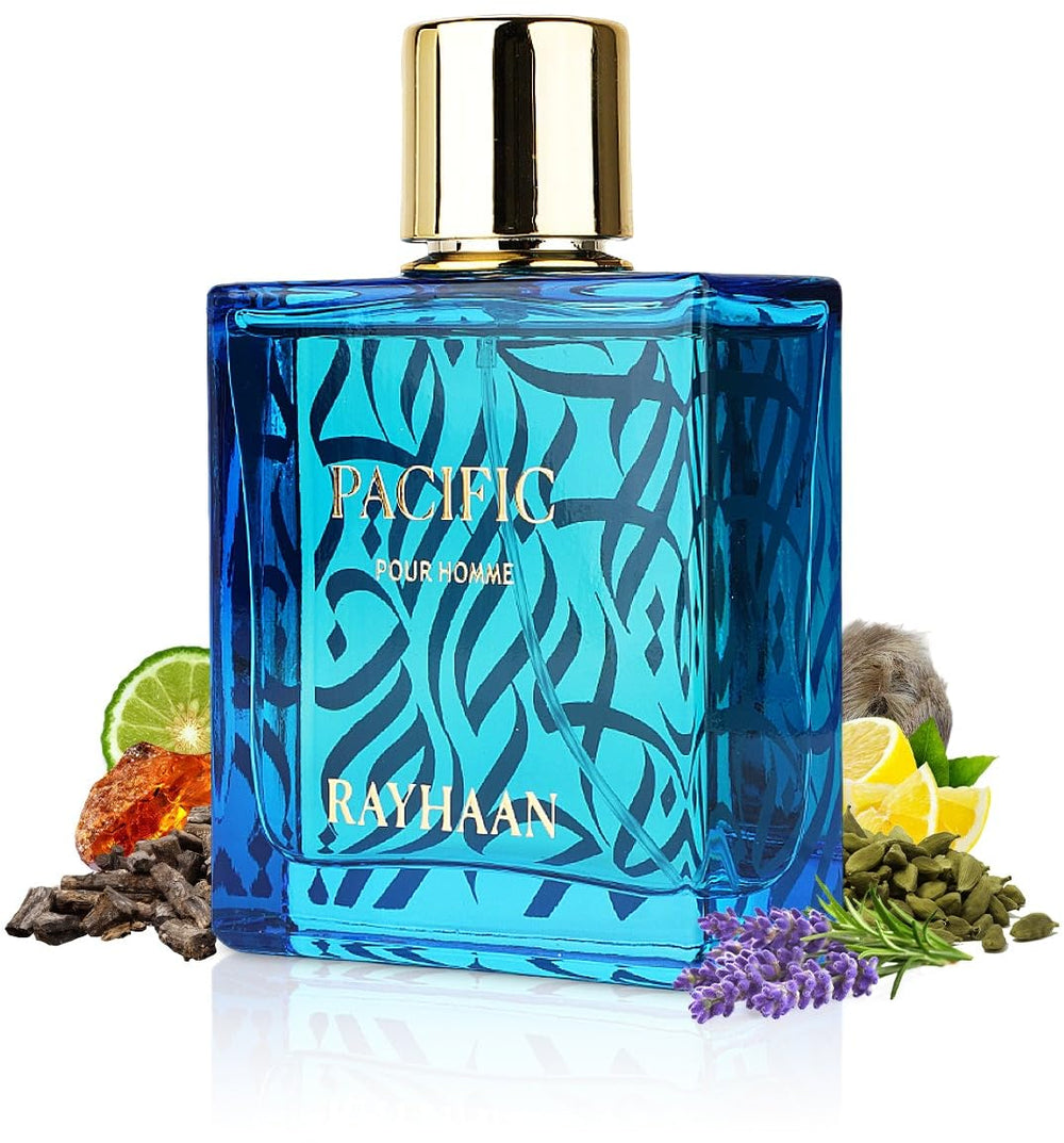 RAYHAAN Pacific bottle front view showing sleek design and gift-ready look
