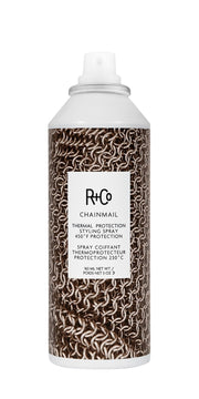 R+Co CHAINMAIL front packaging showing the spray bottle and label, protective styling benefit