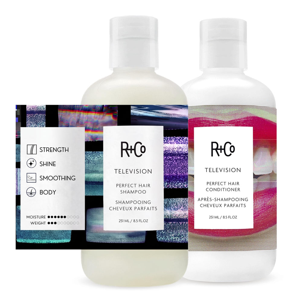 R+Co Television front packaging showing two 8.5oz bottles and clear branding, professional finish