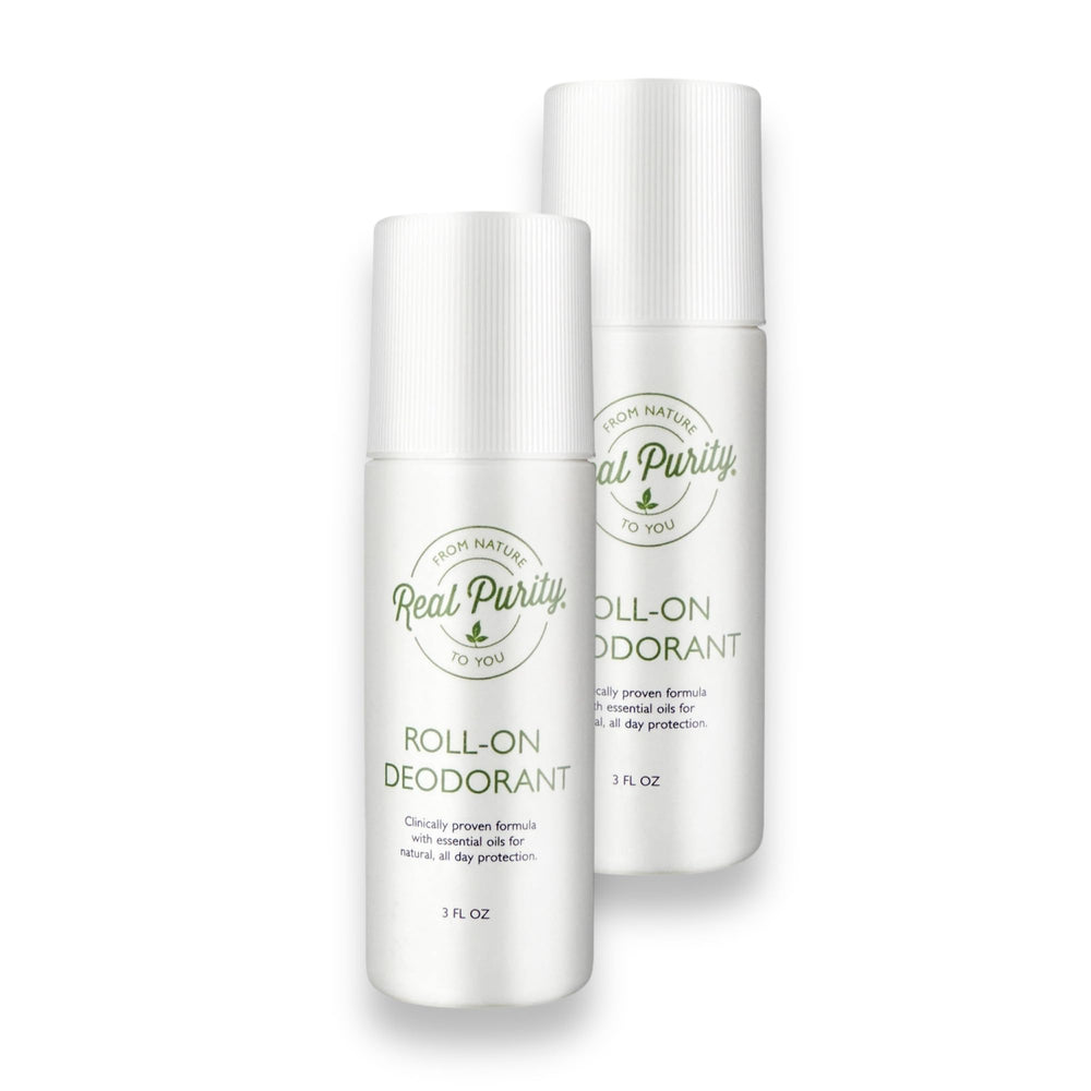 Real Purity roll-on front packaging showing twin bottles and clear labeling for natural protection