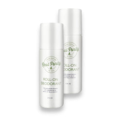 Real Purity roll-on front packaging showing twin bottles and clear labeling for natural protection
