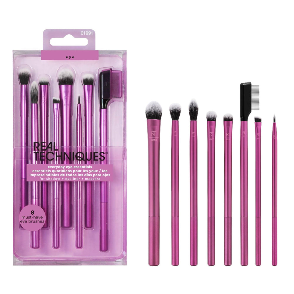Real Techniques front packaging showing eight-piece eye brush kit benefits