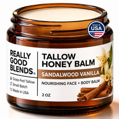 Really Good Blends jar front view showing sandalwood vanilla scent providing natural hydration