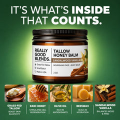 Really Good Blends ingredients laid out: grass-fed tallow, honey, beeswax to nourish skin