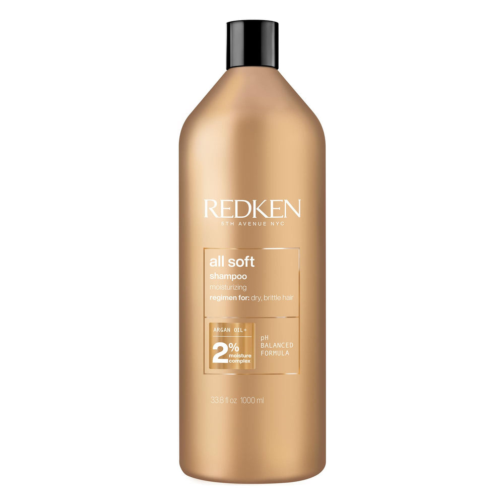 Redken All Soft shampoo front bottle showing brand and hydrating benefits