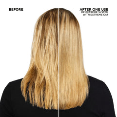 Redken Extreme CAT applied to damp hair demonstrating reconstructing action