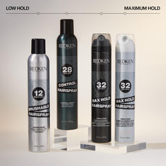 Redken hairspray used on a sleek updo to lock style and reduce frizz
