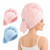 REDKISS front view of two towel wraps showing colors and benefits