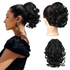 REECHO front view of black 9-inch ponytail extension showing curl and shape benefit