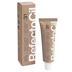 RefectoCil product in use on model, showing natural brunette result and styling benefit